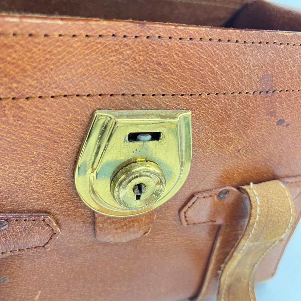 Vintage Camera Bag Brown Leather Train Luggage Small Travel Bag Gold Tone‎ Lock